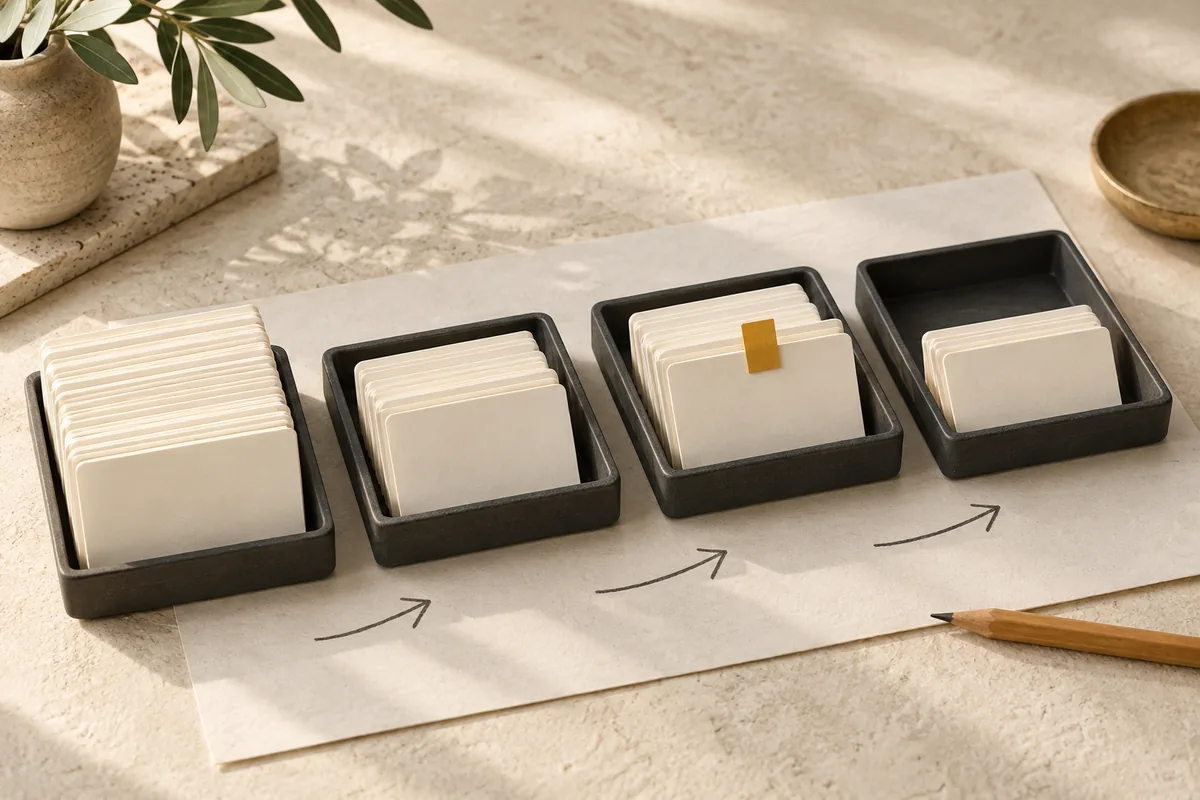 Paper customer cards in four trays with arrows showing the next step